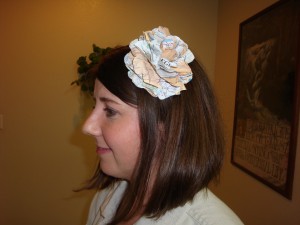 Book Flower headband Made from a map, this flower was hotglued onto a plastic headband.