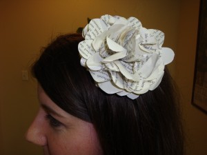 Book Flower Big, bold, beautiful and hotglued to a plastic headband.