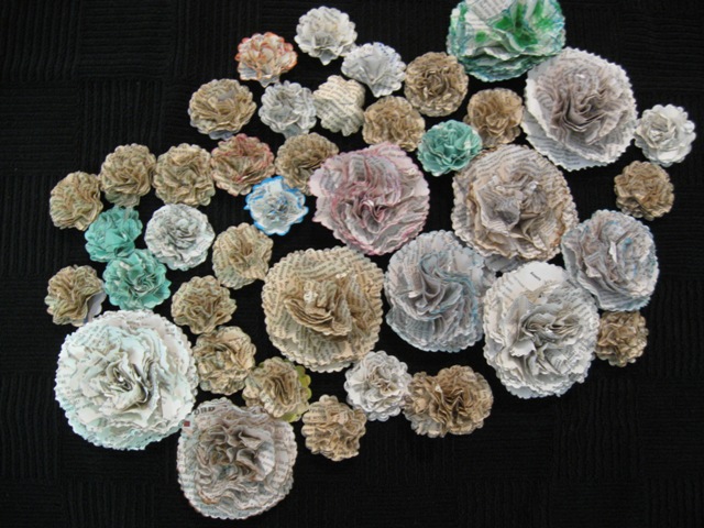 Many recycled flowers have color from charts or even highlighting in textbooks.